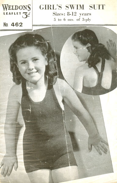 front page of knitting pattern from the 1940s showing a child in a knitted swimsuit